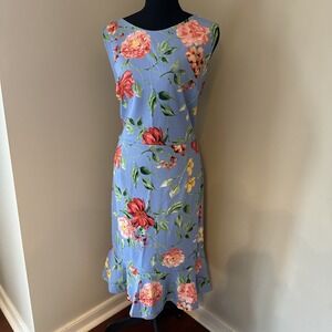Stella & Julie Sheath Dress Womens 14W‎ Blue Floral Sleeveless Ruffle Hem